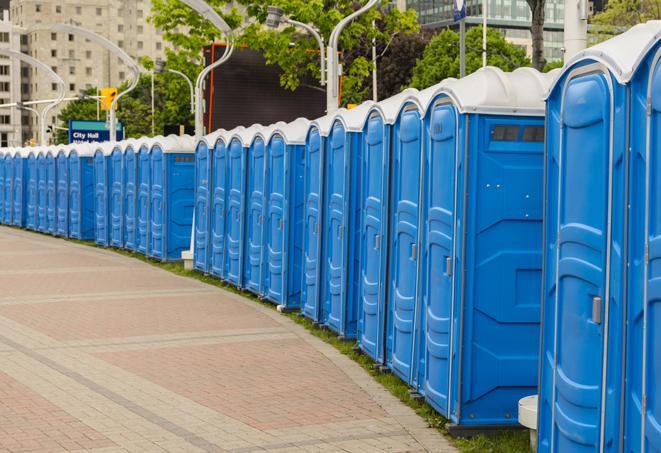 a row of sleek and modern portable restrooms at a special outdoor event in Buchanan